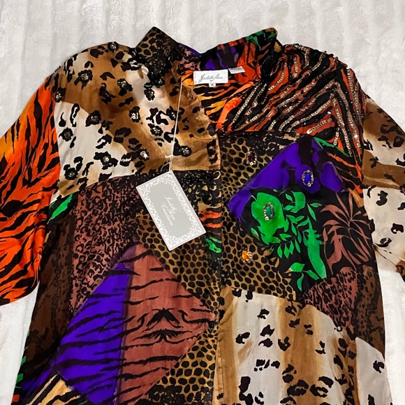 Judith Ann vintage NWT animal print button down hi lo semi sheer Silk blouse, M - Picture 2 of 16